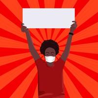 Dark skin woman wearing mask holding a banner isolated on red background. vector