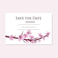 Save the date card template with blooming cherry flowers. vector