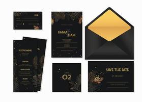 Vector wedding stationery in luxury gold and black style with tropical leaves.