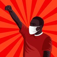 Dark skinned man wearing medical mask raised hard clenched fist vector illustration.