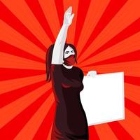 Woman wearing mask raised hand on demonstration vector illustration.