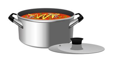 Realistic metal pot with soup white background - Vector