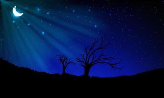 Starry Night sky background with silhouette of tree and crescent moon. vector