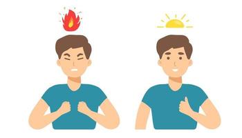 Angry man and calm . Head Vector illustration of anger, fury, annoyance. Anger, stressed Burnout, stress, emotional problem abstract concept. Burning brain. flame. flat character before and after