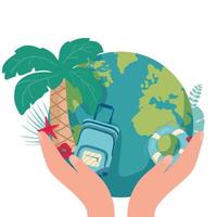 It s Time to Travel. Trip to World. Travel to World. Vacation. Road trip. Tourism. Travel banner. Journey. Travelling illustration. palm suitcase, Lifebuoy earth in the palms vector