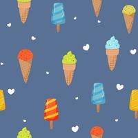 helados de patrones sin fisuras. vacaciones de verano con paletas, conos de helado postre helado. textura de vector de comida dulce de dibujos animados en azul. Dibujo a mano