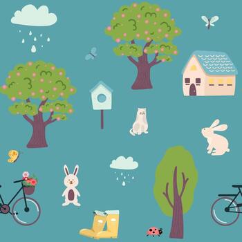 Spring seamless pattern with abstract texture trees. Vector illustration in flat vintage style pastel colors. spring, tree in bloom, hare, bicycle with flowers, cat, ladybug, house, butterfly, boots