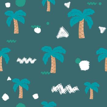 vector dibujado a mano patrón infantil de color repetitivo sin fisuras con palmeras con formas geométricas sobre fondo azul. patrón tropical. selva de impresión. papel tapiz, rellenos de patrón, fondo de página web,