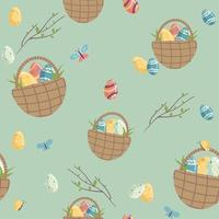 Happy Easter Day. Seamless Pattern with Easter basket eggs. For printing wrapping paper, wallpaper, packaging, fabric. Hand Drawn vector illustration. hand drawing