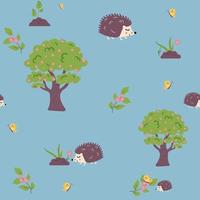 Seamless cute spring floral pattern. hedgehogs flowers, plants, tree, leaves, nature , leaves. Creative background. kids apparel fabric textile, nursery decoration wrapping paper. Vector Illustration