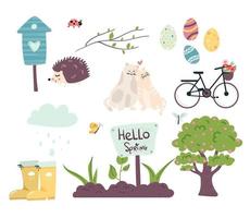 juego de primavera con lindos animales. caricatura plana dibujada a mano. gatos de ilustración vectorial, bicicleta, pajarera, erizo, huevos de pascua, mariposa, mariquita, botas de goma, árbol en flor, nube, lluvia, brotes, vector