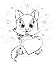 Coloring page. Cartoon cute and cheerful kitty sits and holds a heart vector