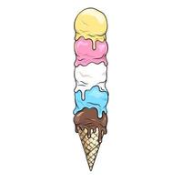 Ice cream cone with many melting ice cream balls vector