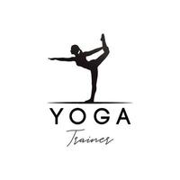 pose del señor de la danza, silueta de mujer de yoga, chica con hermoso cabello corporal y cara en el diseño del logo del gimnasio vector