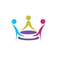 Three people at one table, in a colorful logo shaped like a king's crown. vector
