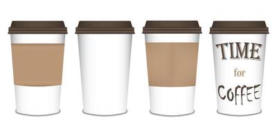 Set of disposable coffee cups. Realistic 3D illustrations of coffee cup. Plastic cups for coffee, tea. Vector illustration