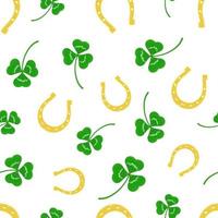 Golden horseshoe and three leaf clover seamless pattern vector