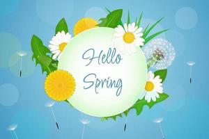 Hello spring blue background with chamomile and dandelion vector