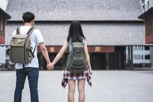 Traveler Asian backpacker couple feeling happy traveling in Beijing, China, cheerful young teenager couple walking at Chinatown. Lifestyle backpack tourist travel holiday in city concept. photo