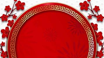 fundo de ano novo chinês com círculo vermelho de decoração de estilo oriental rotativo e flores video