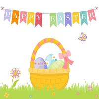 Wicker basket with colorful Easter eggs, bunting, Garland of flags with inscription Happy Easter vector