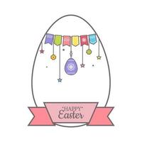 Easter Greeting card in shape of egg wishing Happy Easter. Colorful Easter eggs outline hanging on rope. Bunting flags. Festive decoration, abstraction, lettering vector