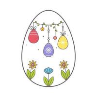 Easter Greeting card in shape of egg. Colorful Easter eggs outline hanging on rope. Bright spring flowers. Festive decoration, abstraction vector