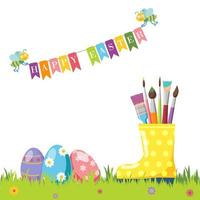 Bright colorful illustration for Easter Holiday. Easter eggs, green grass, bees, colorful flag holding inscription Happy Easter, yellow rubber boot and artistic paint brushes vector