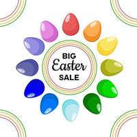 Big Easter sale. Advertising poster, square banner, postcard with painted colorful Easter eggs. Colors of rainbow. Lettering. For poster, commercial, discount, special offer, flyer vector