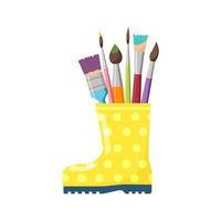 Bright yellow boot with colored artist brushes, isolated on white background. Bright spring composition. Cartoon style design element for Easter, artist workplace interior, home vector