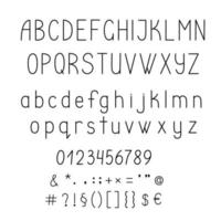 Letters of English alphabet uppercase and lowercase outline vector illustration, calligraphic abc, cute funny decorative handwriting, handwritten font letters, numerals, symbols