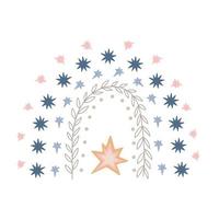 arco iris de estilo bohemio, estrellas, ramas de hojas ilustración de vector de dibujos animados plana simple, ilustración de tarjeta de felicitación para niños, decoración de guardería, afiche, textil