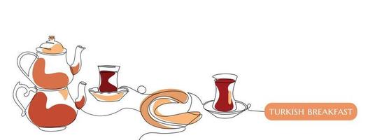 Traditional Turkish breakfast. Tea and Simit or Turkish bagel. Abstract vector one linear continuous art with text Turkish style. Isolated elements for banner, logo or social media.