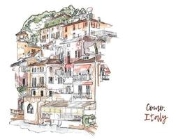 Watercolor ink Sketch of Como city, Lombardy, Northern Italy. Lake Como, Lario view. Italian Sightseeing. Travelling in Italy. Simple urban sketch illustration for postcards, logos or banners. vector