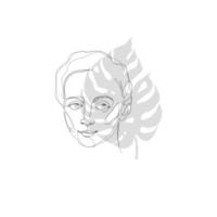 cara de mujer bohemia con hoja de monstera. dibujo continuo negro vectorial de una línea. boceto lineal negro minimalista aislado sobre fondo blanco. contorno arte simple para logotipo, pancarta, blog, decoración del hogar vector