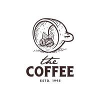 illustration of logo design of cup and coffee bean, with vintage hand drawing style vector