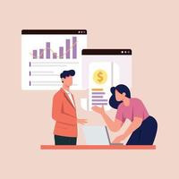 A team work analyzing growth charts. Business data analysis. Increase sales and skills. Finance report graph. Charts and diagrams. Vector colorful illustration.