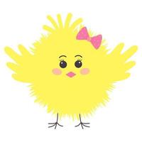 Cute fluffy yellow chick with pink bow. Easter baby chicken. Cartoon character. vector