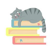 Cute fat cat lying down on the books. Reading and education concept. vector