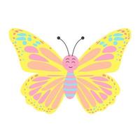 Cute colorful smiling butterfly. Flying insect. Cartoon character. vector