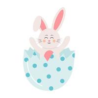 Easter bunny sitting in the egg shell. Joyful little rabbit hatching from a cracked egg. vector