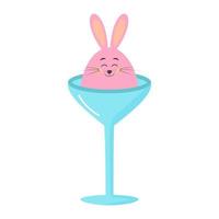 Pink bunny in the egg stand. Cute rabbit in the form of egg in the wineglass. Easter cartoon character. vector