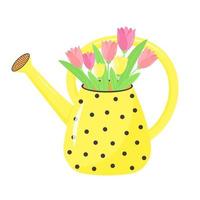 Watering can with bouquet of tulips. Springtime garden decoration. vector