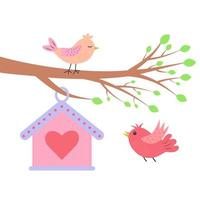 Branch with a birdhouse and cute birds. Springtime. Bird is flying. vector