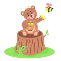 Cartoon funny baby bear holding honey pot on tree stump and cute round bee is flying around him. vector