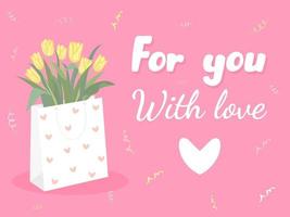 Yellow tulips in a package and serpentine. For you with love text. Floral composition for holiday and celebration. vector