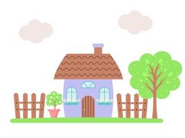 Funny cartoon house with fence, tree and potted plant with flowers. Template for use in children's design, textiles, books, packaging. vector