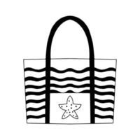 Rectangular beach bag with stripes.Lightweight bag with a pocket and a starfish pattern.Doodle illustration.Bag isolated on a white background.High handles.Vector vector