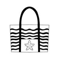 Rectangular beach bag with stripes.Lightweight bag with a pocket and a starfish pattern.Doodle illustration.Bag isolated on a white background.High handles.Vector vector