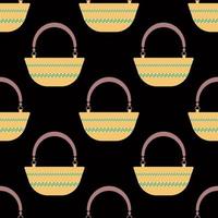 Seamless pattern with yellow oval beach bag with green geometric on black background.Bright summer pattern for textiles.For beachwear.Vector illustration vector
